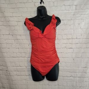 Lauren Ralph Layte Red Ruffled One-Piece Swimsuit Sz 14
